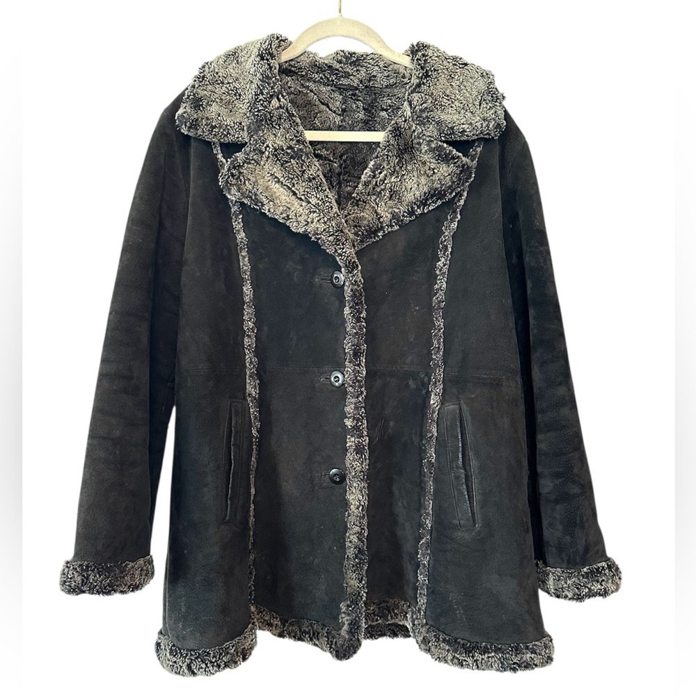 Wilsons Leather Jacket Womens XL Black Suede Faux Fur Penny Lane Boho Coat Y2K